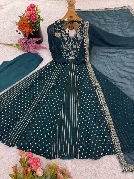 Teal Blue Crunchy Silk Designer Anarkali Suit with Embroidery Work Ready to Wear Festive Ensemble Ready To Wear Collection