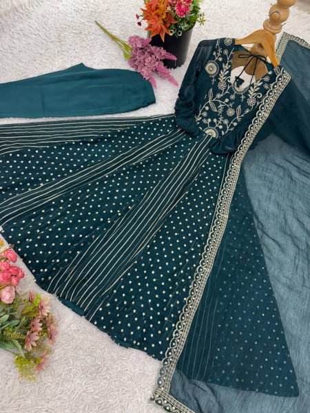 Teal Blue Crunchy Silk Designer Anarkali Suit with Embroidery Work Ready to Wear Festive Ensemble Ready To Wear Collection