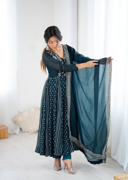 Teal Blue Crunchy Silk Designer Anarkali Suit with Embroidery Work Ready to Wear Festive Ensemble Ready To Wear Collection
