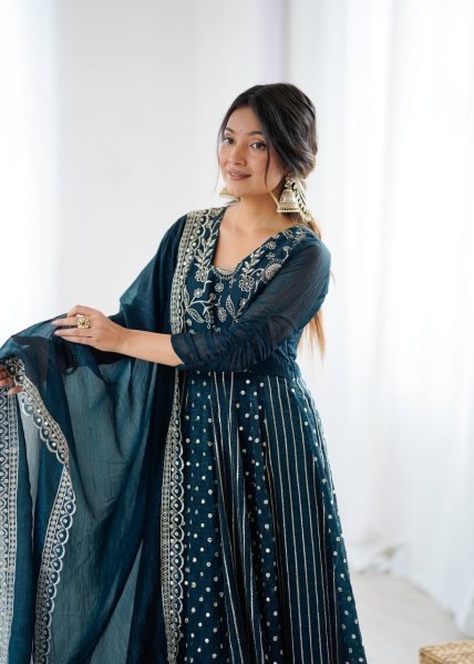 Teal Blue Crunchy Silk Designer Anarkali Suit with Embroidery Work Ready to Wear Festive Ensemble Ready To Wear Collection