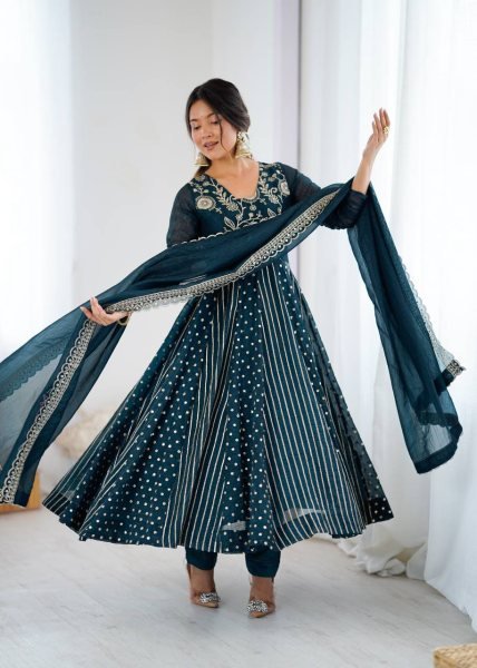 Teal Blue Crunchy Silk Designer Anarkali Suit with Embroidery Work Ready to Wear Festive Ensemble Ready To Wear Collection