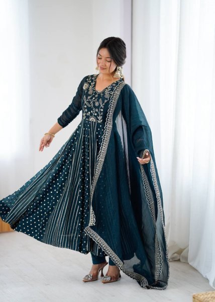Teal Blue Crunchy Silk Designer Anarkali Suit with Embroidery Work Ready to Wear Festive Ensemble Ready To Wear Collection