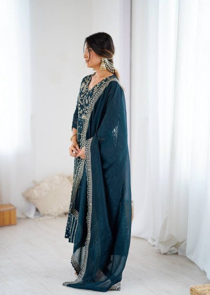 Teal Blue Crunchy Silk Designer Anarkali Suit with Embroidery Work Ready to Wear Festive Ensemble Ready To Wear Collection