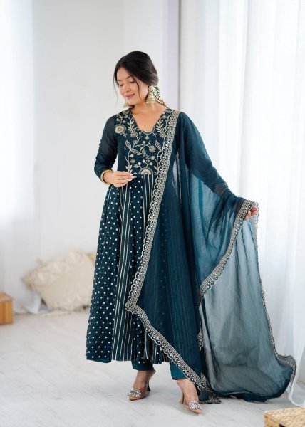 Teal Blue Crunchy Silk Designer Anarkali Suit with Embroidery Work Ready to Wear Festive Ensemble Ready To Wear Collection