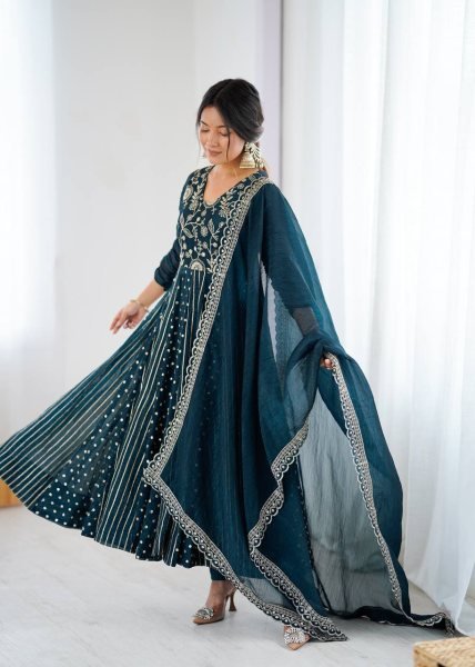 Teal Blue Crunchy Silk Designer Anarkali Suit with Embroidery Work Ready to Wear Festive Ensemble Ready To Wear Collection