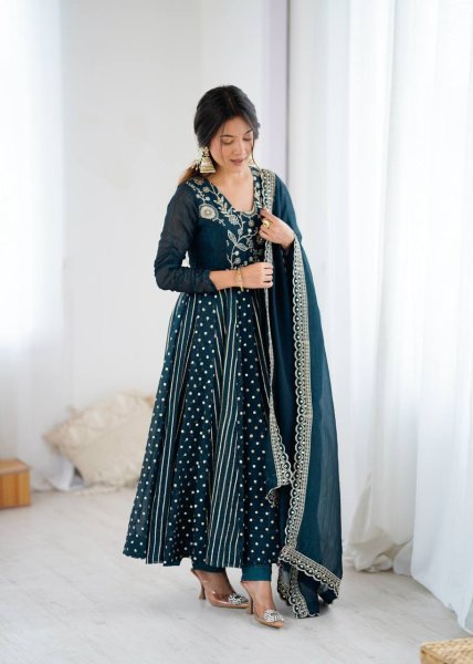 Teal Blue Crunchy Silk Designer Anarkali Suit with Embroidery Work Ready to Wear Festive Ensemble Ready To Wear Collection
