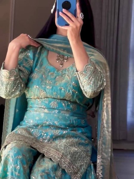 Teal Blue Heavy Embroidery Sharara Suit with Dupatta Festive Celebration Wear Ready To Wear Suit