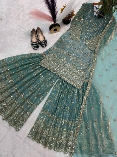 Teal Blue Heavy Embroidery Sharara Suit with Dupatta Festive Celebration Wear Ready To Wear Collection