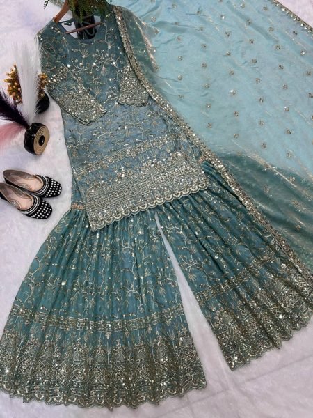 Teal Blue Heavy Embroidery Sharara Suit with Dupatta Festive Celebration Wear Ready To Wear Collection