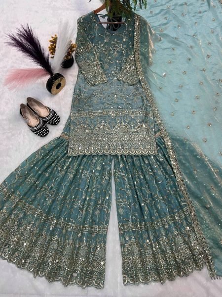 Teal Blue Heavy Embroidery Sharara Suit with Dupatta Festive Celebration Wear Ready To Wear Collection