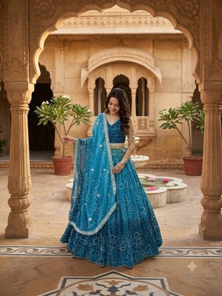 Teal Blue Designer Fox Georgette Navratri Lehenga Choli with Mirror Lace at Wholesale Rate  Lehenga