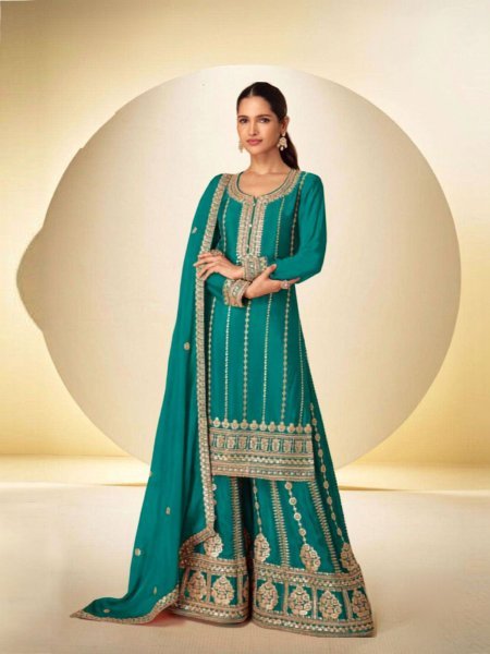 Teal Blue Designer Heavy Chinon Silk Top Palazzo Set with Embroidery and Sequins Work Designer Plazzo Salwar Suits Wholesale