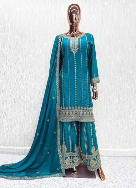 Teal Blue Designer Heavy Chinon Silk Top Palazzo Set with Embroidery and Sequins Work Designer Plazzo Salwar Suits Wholesale