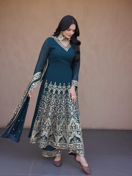 Teal Blue Faux Blooming Gown with Embroidered Pant and Designer Lace Dupatta at Wholesale Rate Ready To Wear Suit