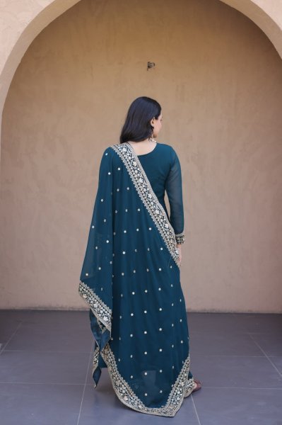 Teal Blue Faux Blooming Gown with Embroidered Pant and Designer Lace Dupatta at Wholesale Rate Ready To Wear Collection