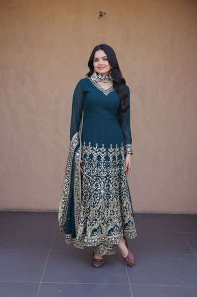 Teal Blue Faux Blooming Gown with Embroidered Pant and Designer Lace Dupatta at Wholesale Rate Ready To Wear Collection
