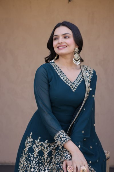 Teal Blue Faux Blooming Gown with Embroidered Pant and Designer Lace Dupatta at Wholesale Rate Ready To Wear Collection