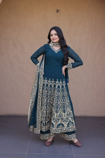 Teal Blue Faux Blooming Gown with Embroidered Pant and Designer Lace Dupatta at Wholesale Rate Ready To Wear Collection