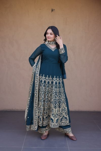 Teal Blue Faux Blooming Gown with Embroidered Pant and Designer Lace Dupatta at Wholesale Rate Ready To Wear Collection