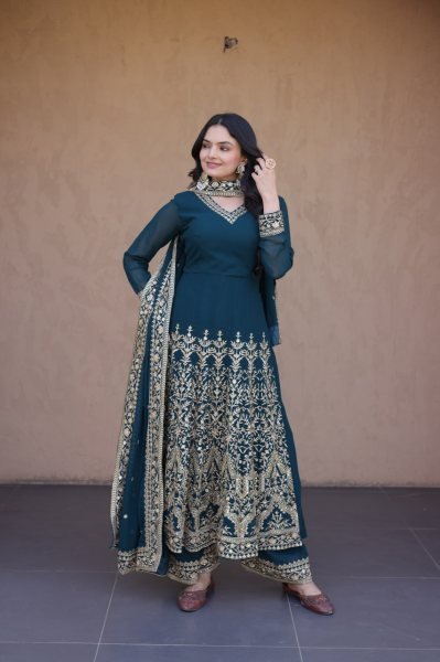 Teal Blue Faux Blooming Gown with Embroidered Pant and Designer Lace Dupatta at Wholesale Rate Ready To Wear Collection