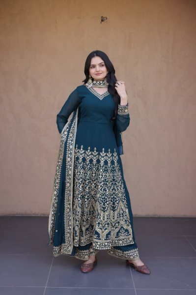 Teal Blue Faux Blooming Gown with Embroidered Pant and Designer Lace Dupatta at Wholesale Rate Ready To Wear Collection
