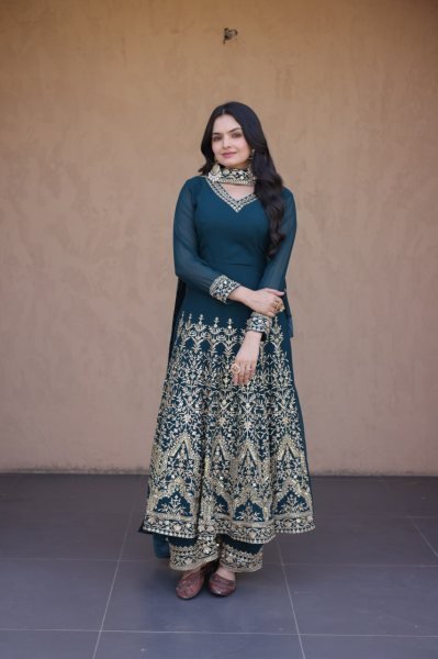 Teal Blue Faux Blooming Gown with Embroidered Pant and Designer Lace Dupatta at Wholesale Rate Ready To Wear Collection