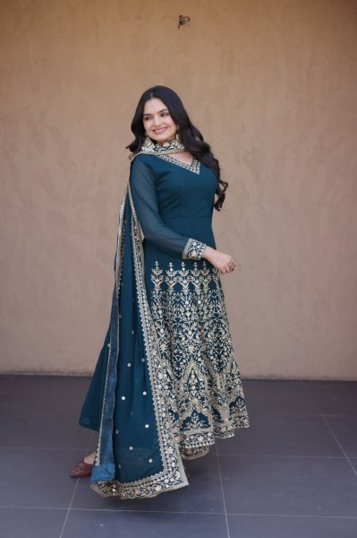 Teal Blue Faux Blooming Gown with Embroidered Pant and Designer Lace Dupatta at Wholesale Rate Ready To Wear Collection