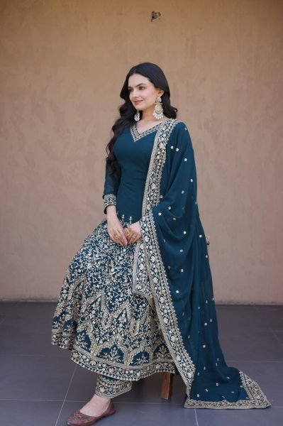 Teal Blue Faux Blooming Gown with Embroidered Pant and Designer Lace Dupatta at Wholesale Rate Ready To Wear Collection