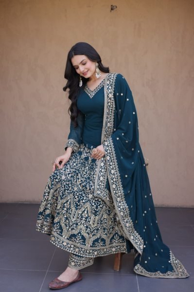 Teal Blue Faux Blooming Gown with Embroidered Pant and Designer Lace Dupatta at Wholesale Rate Ready To Wear Collection