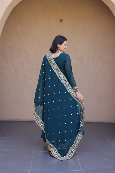 Teal Blue Faux Blooming Gown with Embroidered Pant and Designer Lace Dupatta at Wholesale Rate Ready To Wear Collection