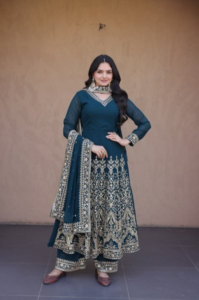 Teal Blue Faux Blooming Gown with Embroidered Pant and Designer Lace Dupatta at Wholesale Rate Ready To Wear Collection