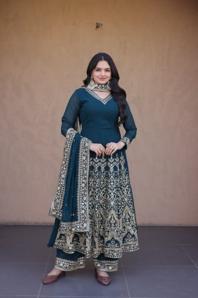 Teal Blue Faux Blooming Gown with Embroidered Pant and Designer Lace Dupatta at Wholesale Rate Ready To Wear Collection