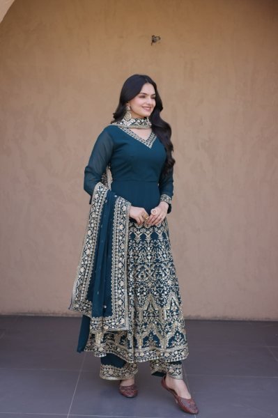 Teal Blue Faux Blooming Gown with Embroidered Pant and Designer Lace Dupatta at Wholesale Rate Ready To Wear Collection