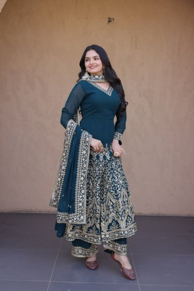 Teal Blue Faux Blooming Gown with Embroidered Pant and Designer Lace Dupatta at Wholesale Rate Ready To Wear Collection
