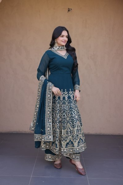 Teal Blue Faux Blooming Gown with Embroidered Pant and Designer Lace Dupatta at Wholesale Rate Ready To Wear Collection
