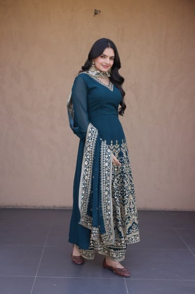 Teal Blue Faux Blooming Gown with Embroidered Pant and Designer Lace Dupatta at Wholesale Rate Ready To Wear Collection