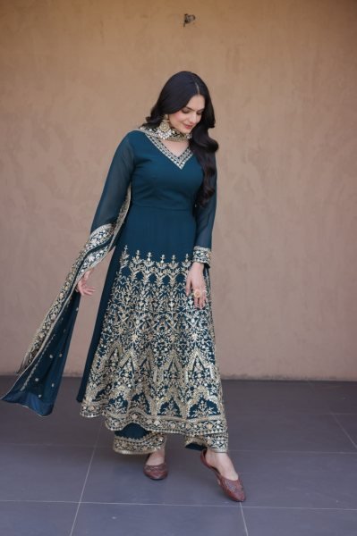 Teal Blue Faux Blooming Gown with Embroidered Pant and Designer Lace Dupatta at Wholesale Rate Ready To Wear Collection
