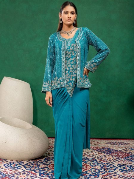 Teal Blue Faux Georgette Ready to Wear Drape Saree with Embroidered Koti For Wedding Sarees 
