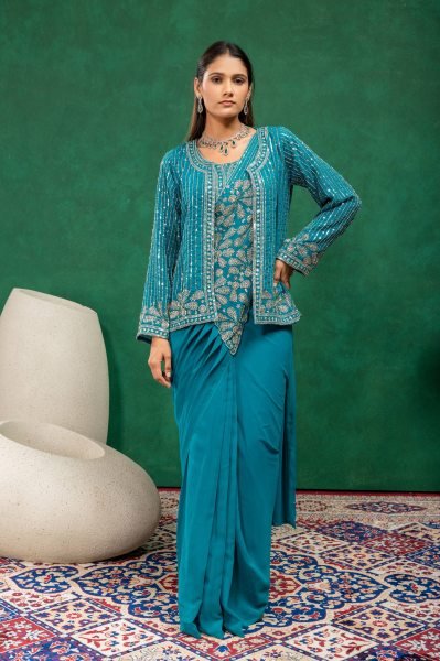 Teal Blue Faux Georgette Ready to Wear Drape Saree with Embroidered Koti For Wedding Ready To Wear Saree 