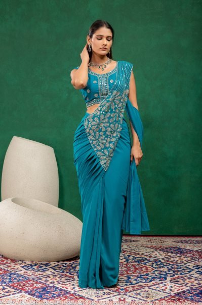 Teal Blue Faux Georgette Ready to Wear Drape Saree with Embroidered Koti For Wedding Ready To Wear Saree 