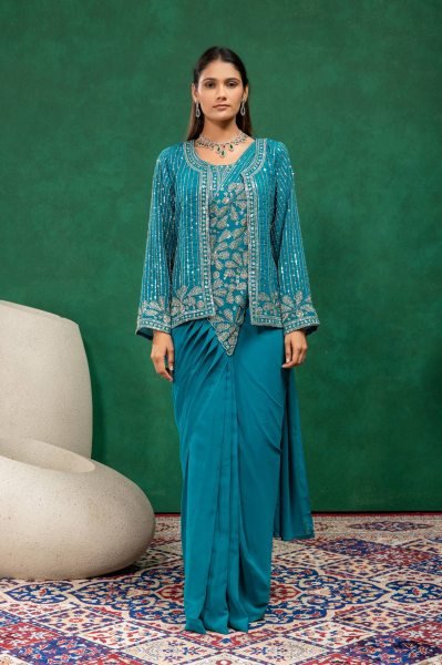 Teal Blue Faux Georgette Ready to Wear Drape Saree with Embroidered Koti For Wedding Ready To Wear Saree 
