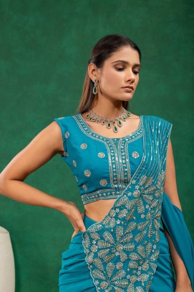 Teal Blue Faux Georgette Ready to Wear Drape Saree with Embroidered Koti For Wedding Ready To Wear Saree 