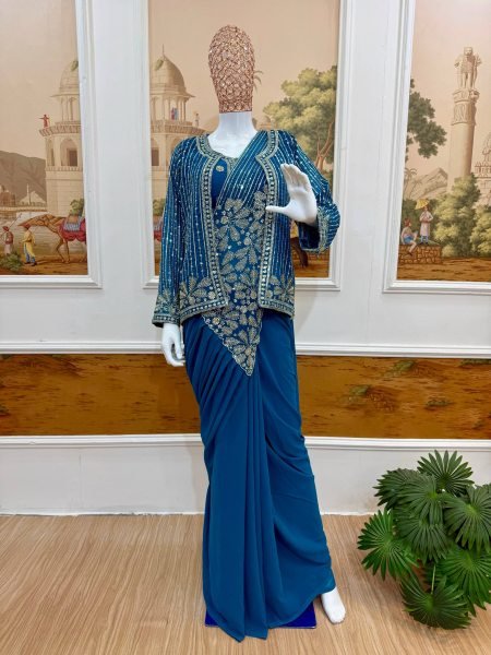 Teal Blue Faux Georgette Ready to Wear Drape Saree with Embroidered Koti For Wedding Ready To Wear Saree 