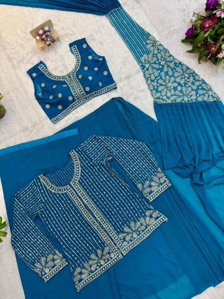 Teal Blue Faux Georgette Ready to Wear Drape Saree with Embroidered Koti For Wedding Ready To Wear Saree 
