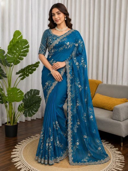 Teal Blue Fendy Silk Saree with Heavy Beads and Sequence Work for Wedding Wear Sarees 