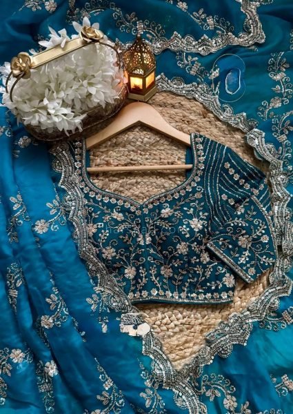 Teal Blue Fendy Silk Saree with Heavy Beads and Sequence Work for Wedding Wear Designer Wedding Sarees Wholesale