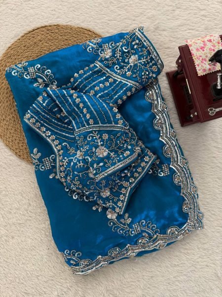 Teal Blue Fendy Silk Saree with Heavy Beads and Sequence Work for Wedding Wear Designer Wedding Sarees Wholesale