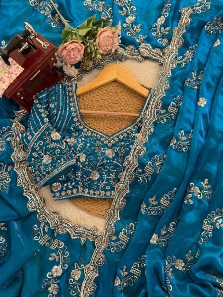 Teal Blue Fendy Silk Saree with Heavy Beads and Sequence Work for Wedding Wear Designer Wedding Sarees Wholesale