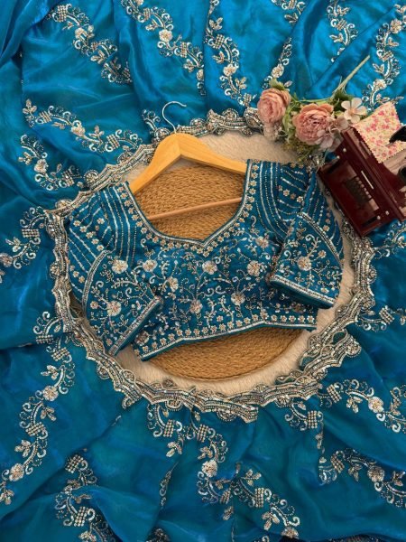Teal Blue Fendy Silk Saree with Heavy Beads and Sequence Work for Wedding Wear Designer Wedding Sarees Wholesale