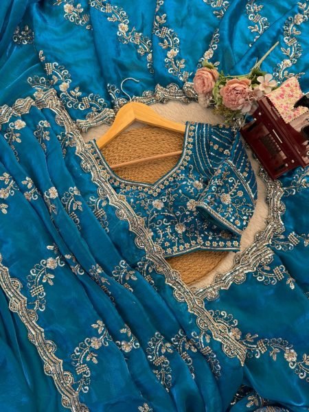 Teal Blue Fendy Silk Saree with Heavy Beads and Sequence Work for Wedding Wear Designer Wedding Sarees Wholesale
